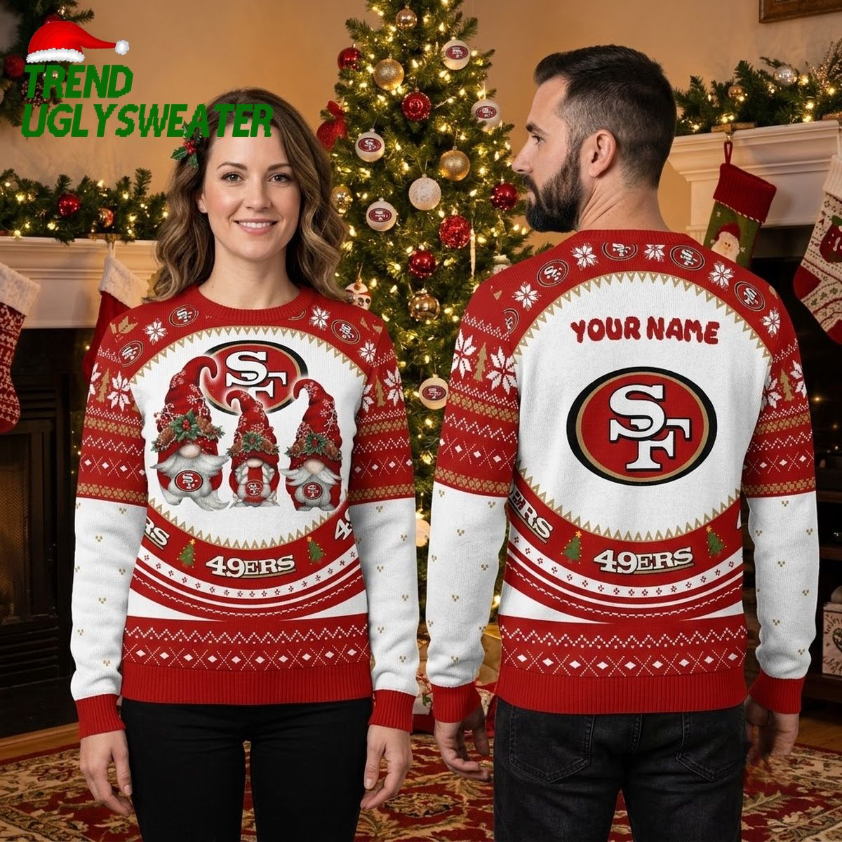Personalized San Francisco 49ers Christmas Gnome Custom Name Ugly Christmas Sweater