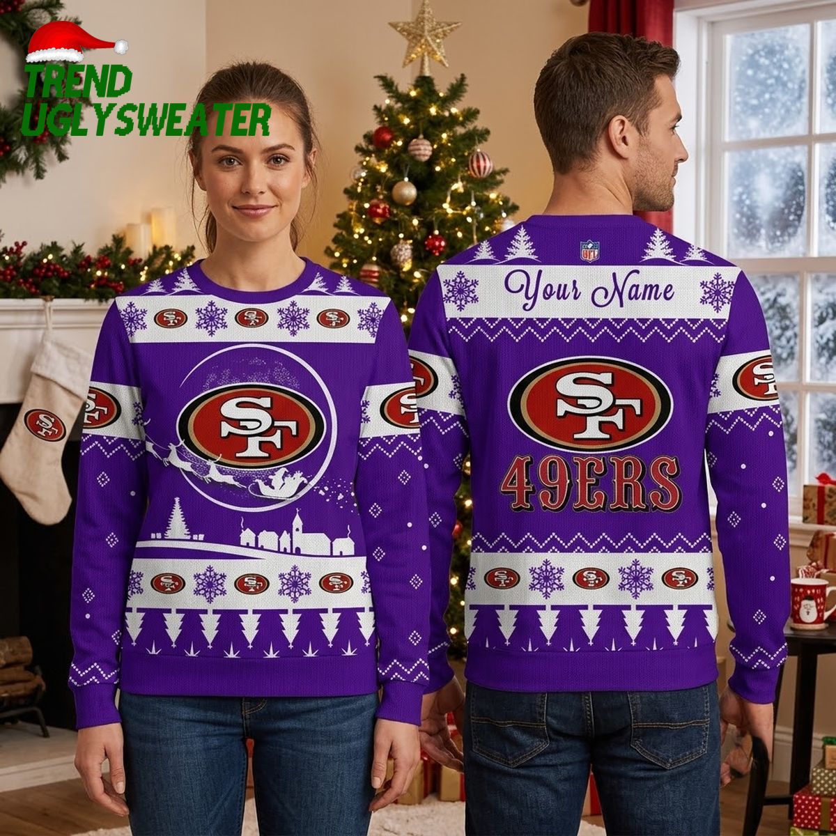 Personalized San Francisco 49ers Snowflake Logo Custom Name Ugly Christmas Sweater