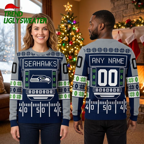 Personalized Seahawks Football Field Custom Name And Number Ugly Christmas Sweater