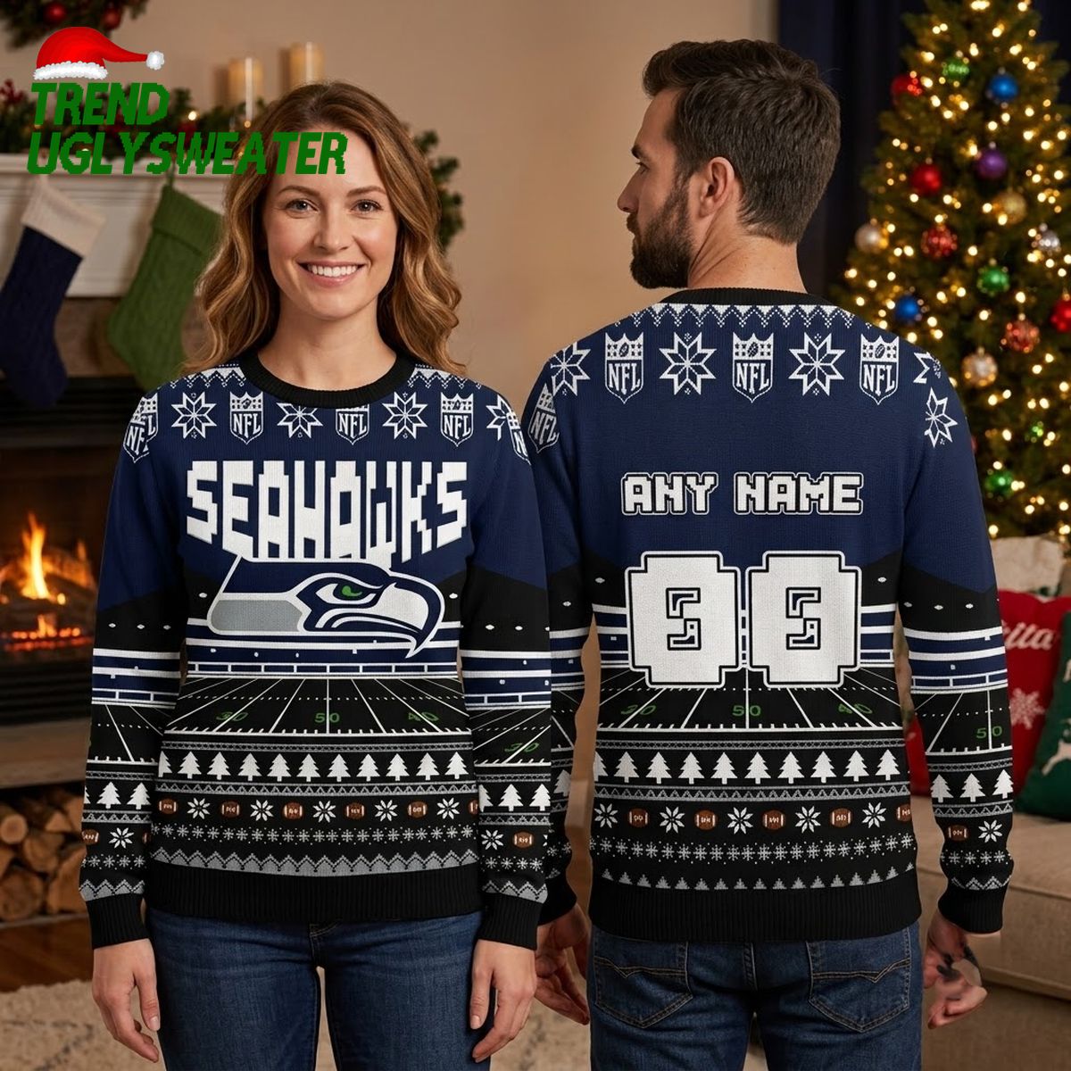 Personalized Seattle Seahawks Football Field Custom Name And Number Ugly Christmas Sweater