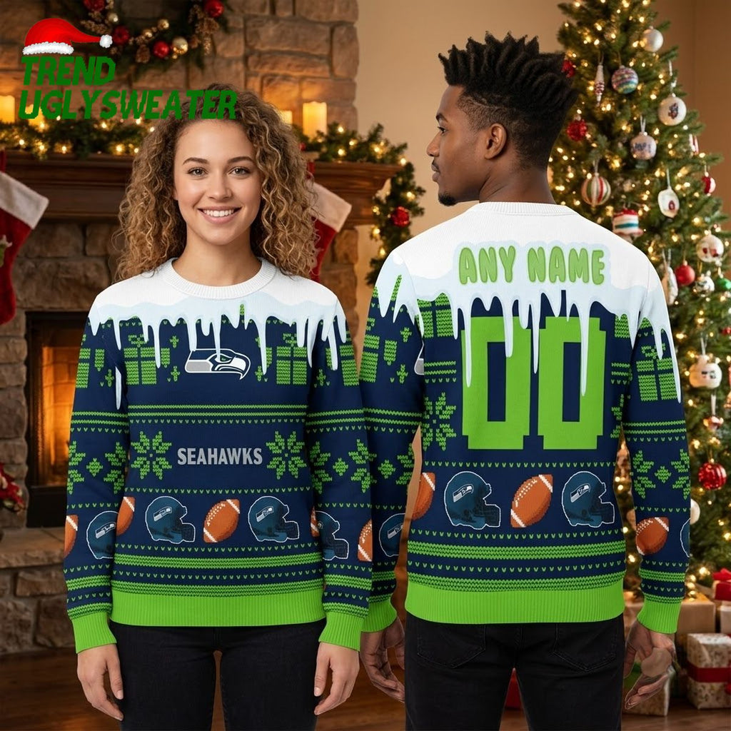 Personalized Seattle Seahawks Football Helmet And Football Custom Name Ugly Christmas Sweater