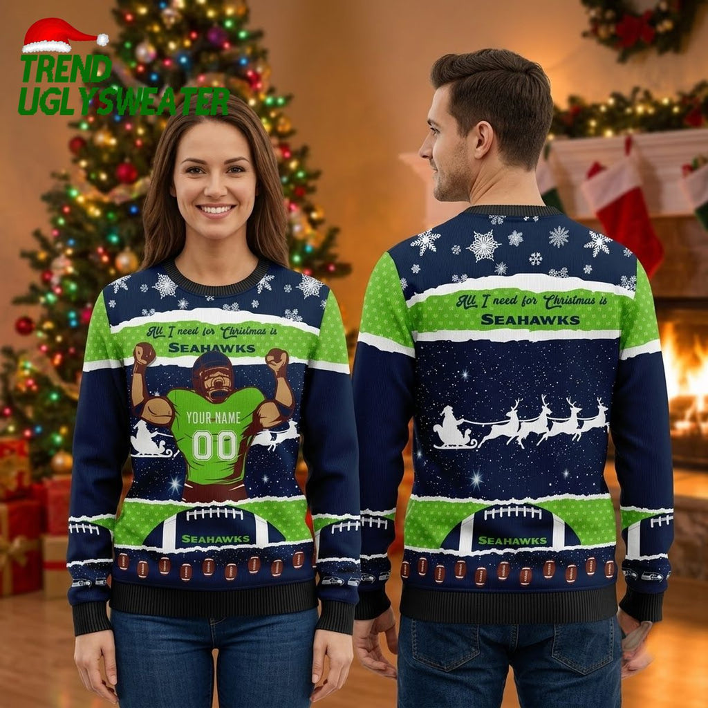 Personalized Seattle Seahawks Football Player Custom Name And Number Ugly Christmas Sweater