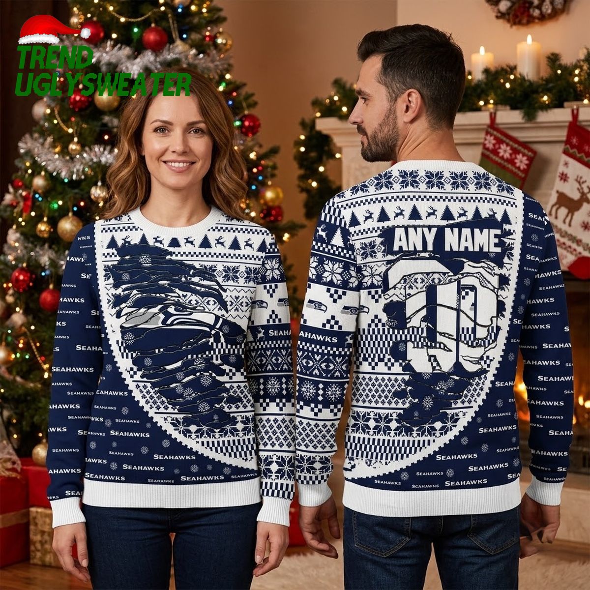 Personalized Seattle Seahawks Logo Snowflake Pattern Custom Name Ugly Christmas Sweater
