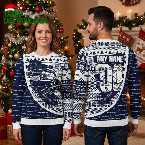 Personalized Seattle Seahawks Logo Snowflake Pattern Custom Name Ugly Christmas Sweater