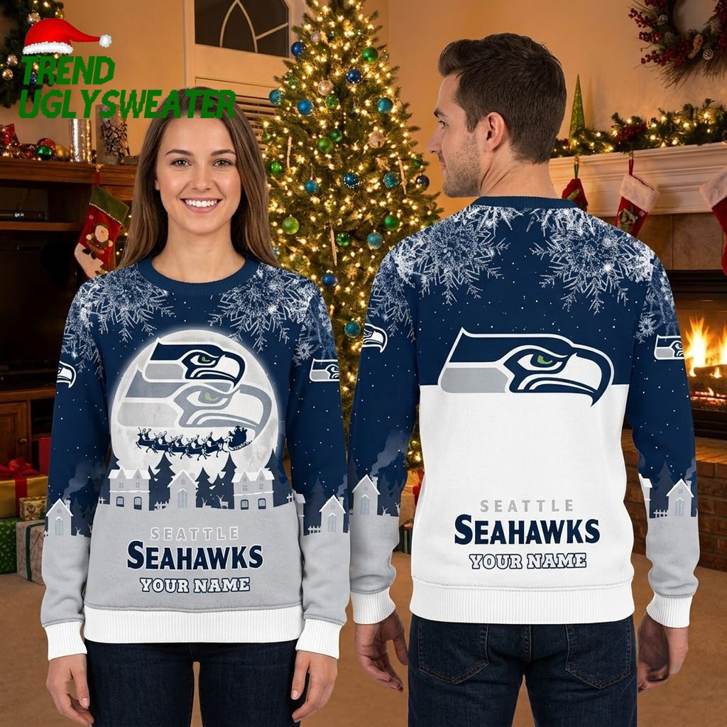 Personalized Seattle Seahawks Snowflake Logo Custom Name Ugly Christmas Sweater