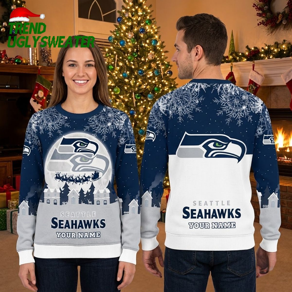 Personalized Seattle Seahawks Snowflake Logo Custom Name Ugly Christmas Sweater