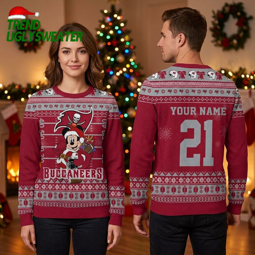 Personalized Tampa Bay Buccaneers Mickey Mouse Santa Custom Name And Number Ugly Christmas Sweater