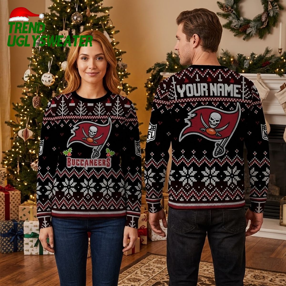 Personalized Tampa Bay Buccaneers Skull Pirate Flag Custom Name Ugly Christmas Sweater