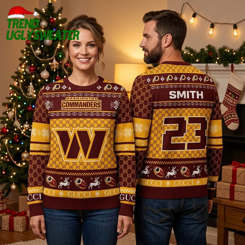 Personalized Washington Commanders Custom Name Number 22 Ugly Christmas Sweater