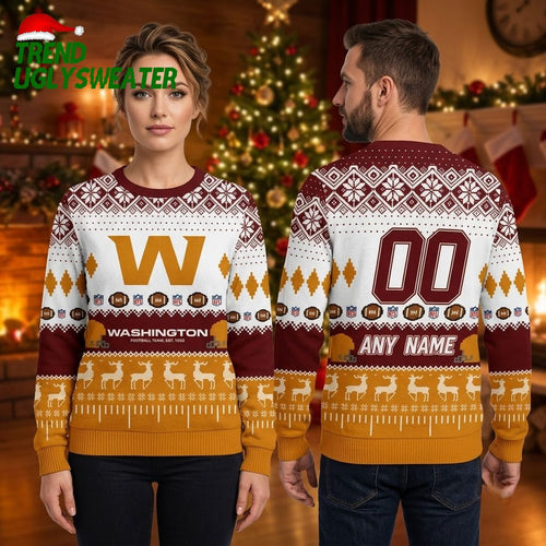 Personalized Washington Football Team Playing Field Custom Name And Number Ugly Christmas Sweater