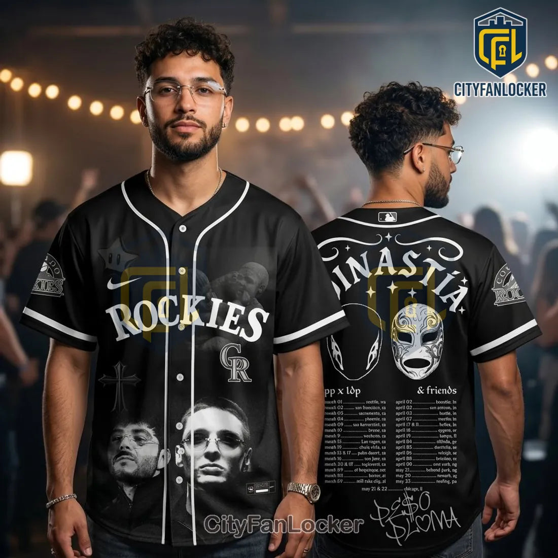 Peso Pluma Dinastia Tour Colorado Rockies Black Baseball Jersey