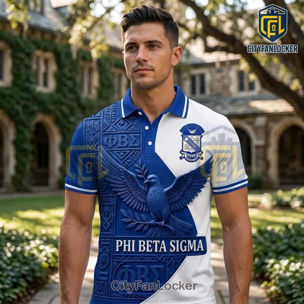 Phi Beta Sigma Fraternity 1914 Crest and Dove Royal Blue Polo Shirt