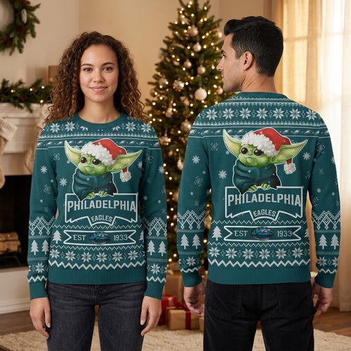 Philadelphia Eagles Baby Yoda Santa Hat Ugly Christmas Sweater
