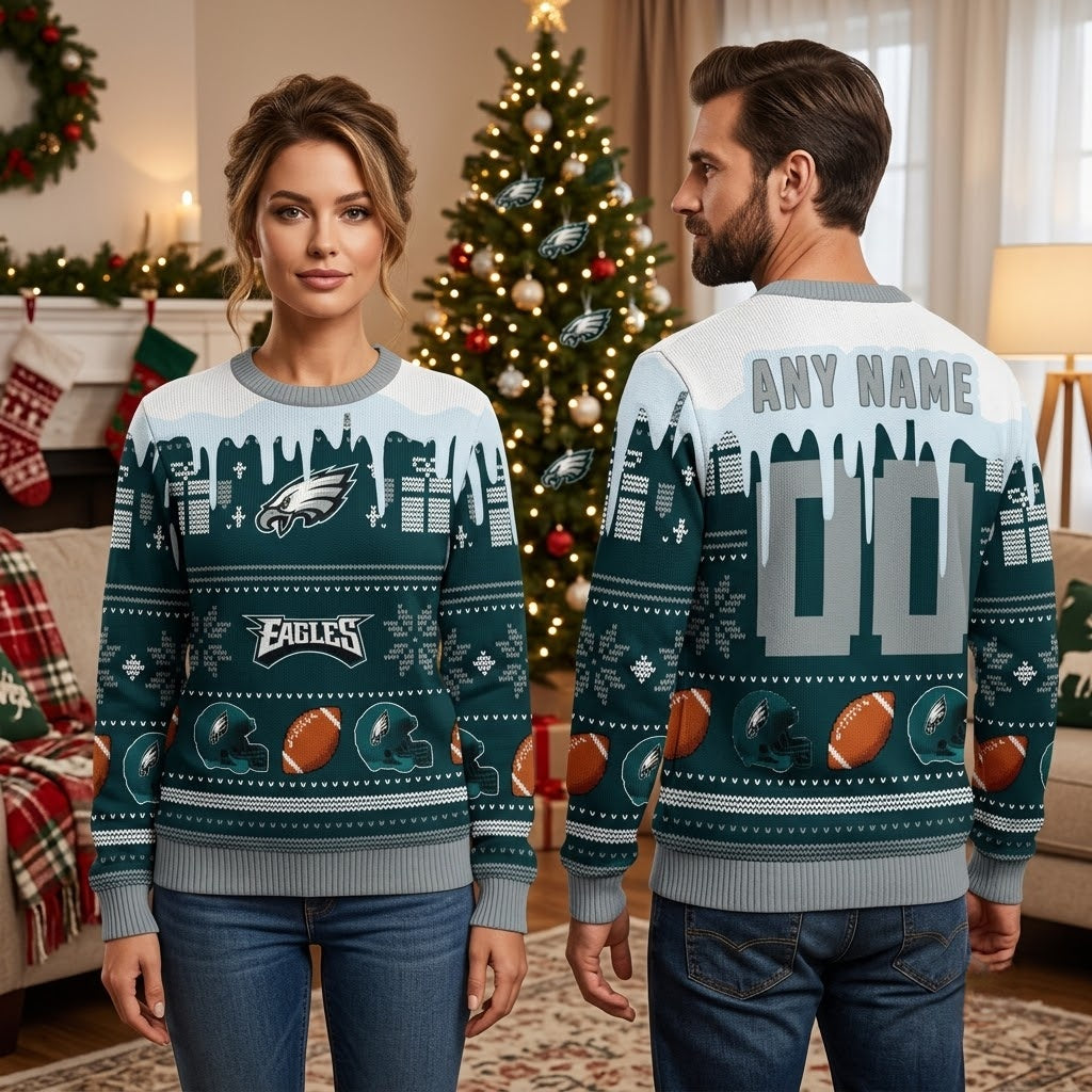 Philadelphia Eagles Custom Name And Number Football Helmet Christmas Sweater