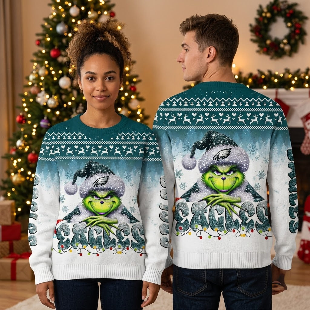 Philadelphia Eagles Grinch Santa Hat Sacks Ugly Christmas Sweater