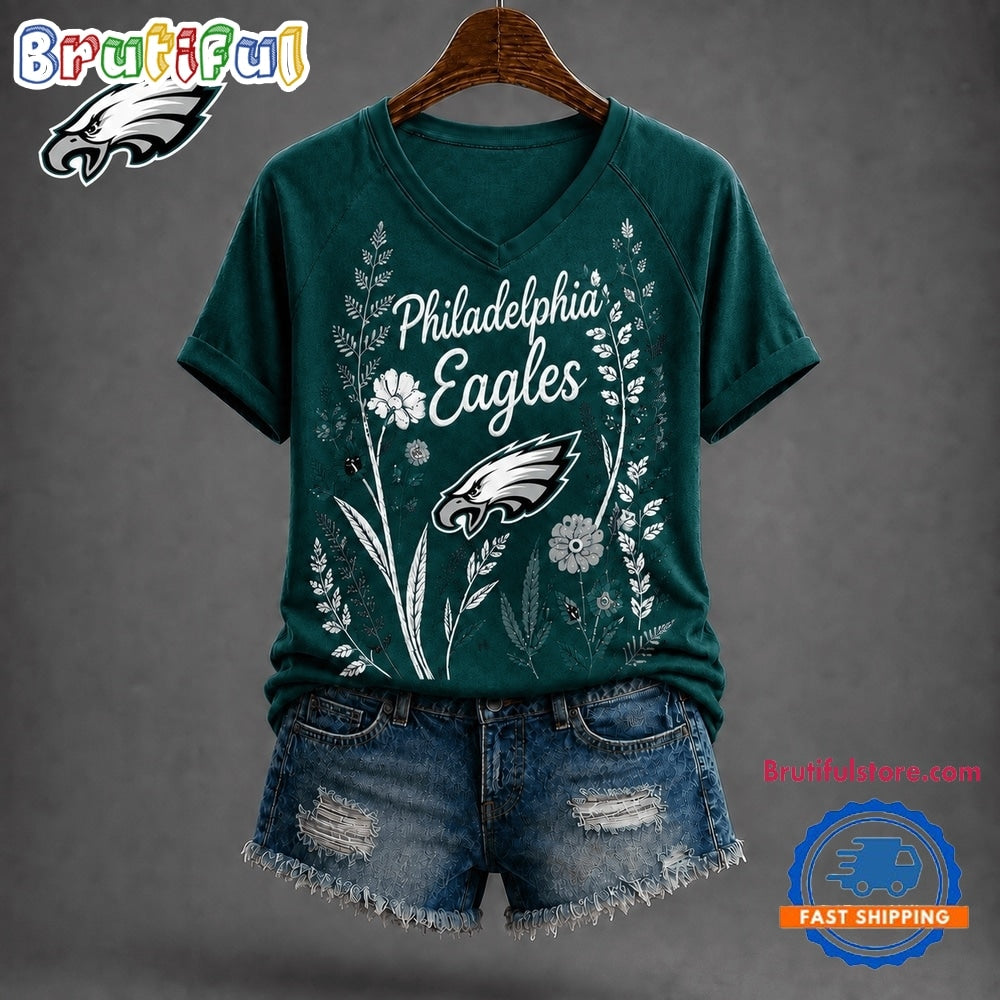 Philadelphia Eagles NFL Floral Garden V Neck T Shirt