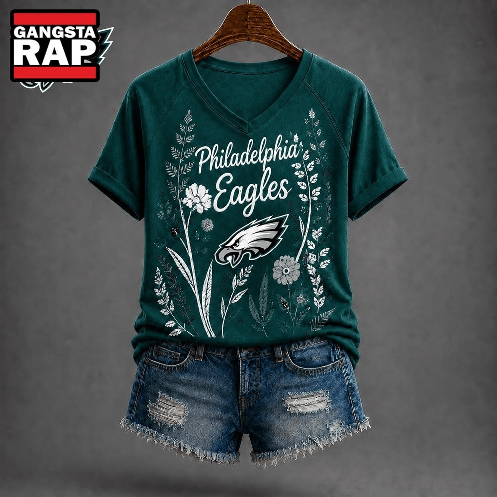 Philadelphia Eagles NFL Floral Garden V Neck T Shirt