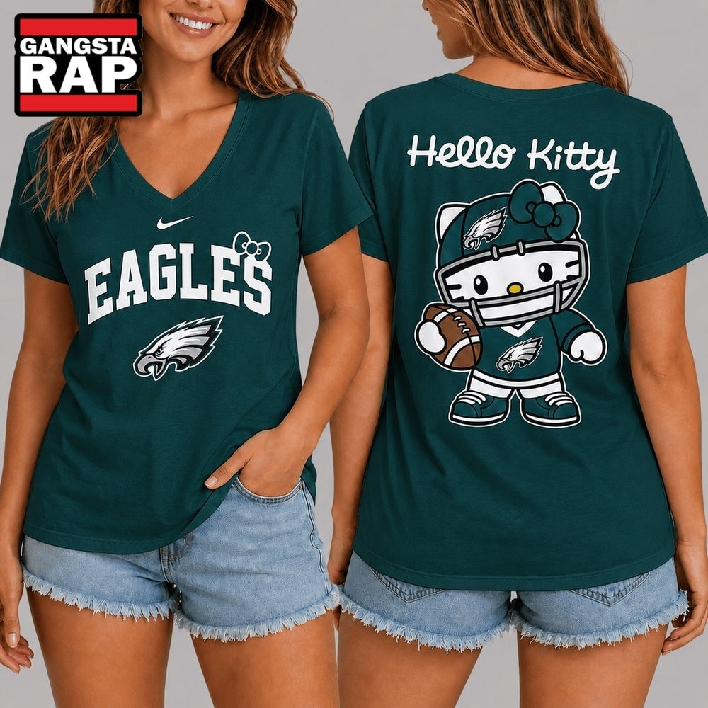 Philadelphia Eagles NFL Hello Kitty Football V Neck T Shirt