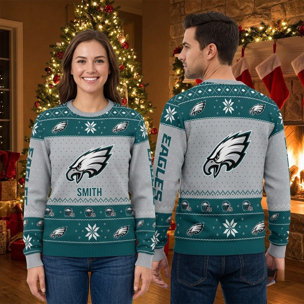 Philadelphia Eagles Personalized Custom Name Snowflake Knit Christmas Sweater
