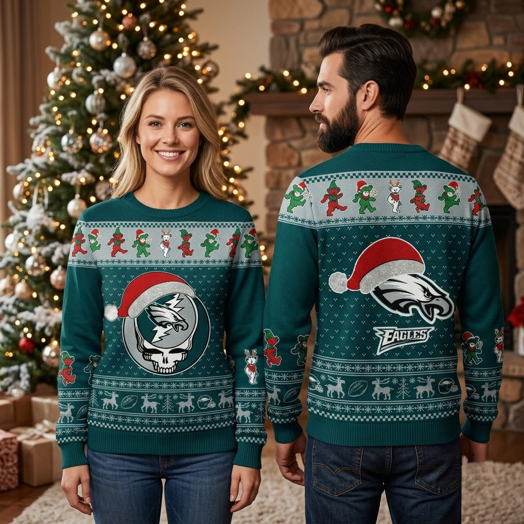 Philadelphia Eagles Santa Hat Skull Logo Ugly Christmas Sweater