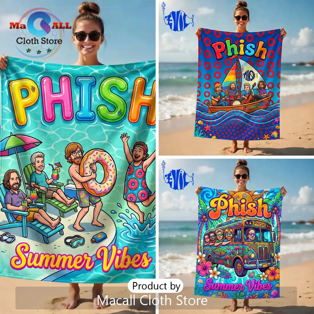 Phish Band Summer Vibes Cartoon Illustration Beach Day Towel