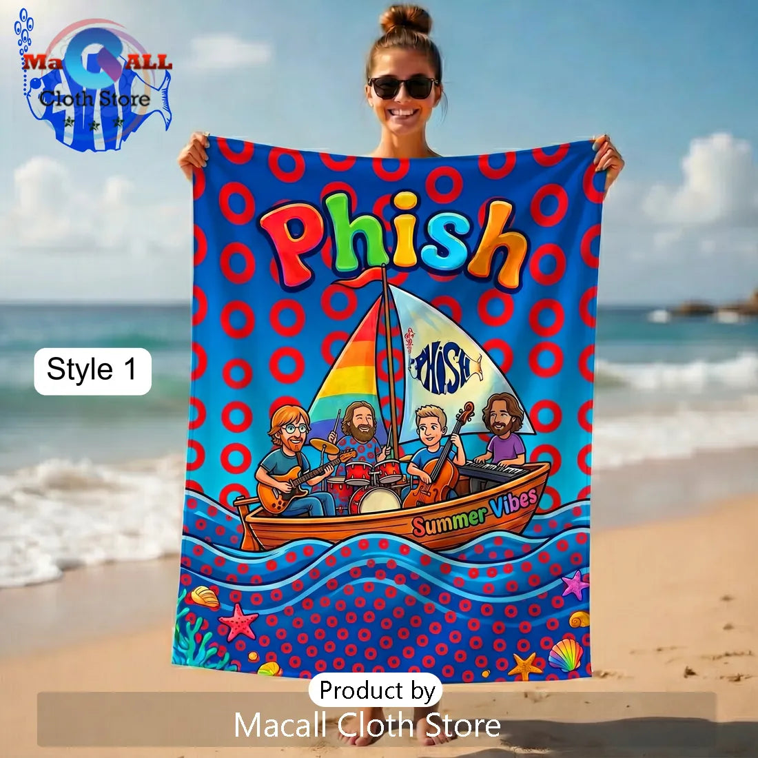 Phish Band Summer Vibes Cartoon Illustration Beach Day Towel