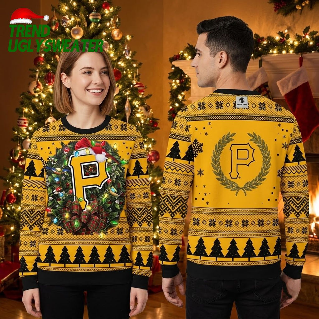 Pittsburgh Pirates Christmas Wreath And Lights Ugly Christmas Sweater