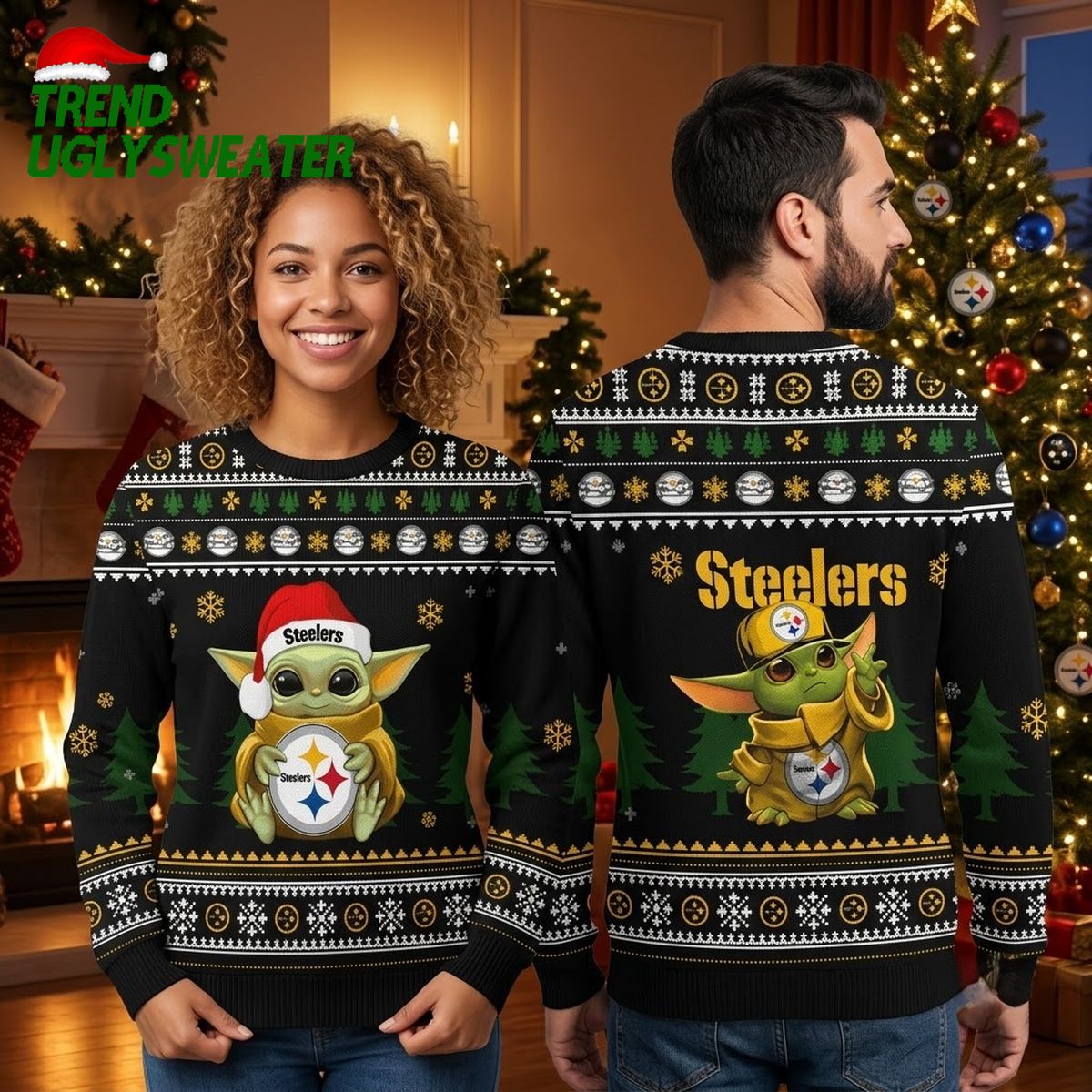 Pittsburgh Steelers Baby Yoda 3D Ugly Christmas Sweater