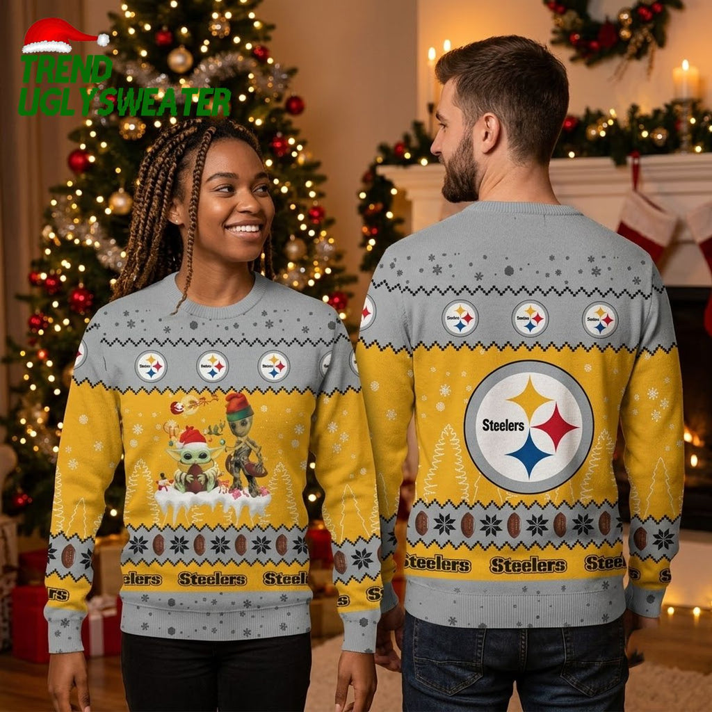 Pittsburgh Steelers Baby Yoda And Groot Ugly Christmas Sweater