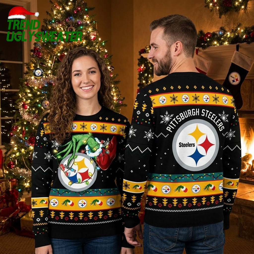 Pittsburgh Steelers Grinch Holding Christmas Lights Ugly Christmas Sweater