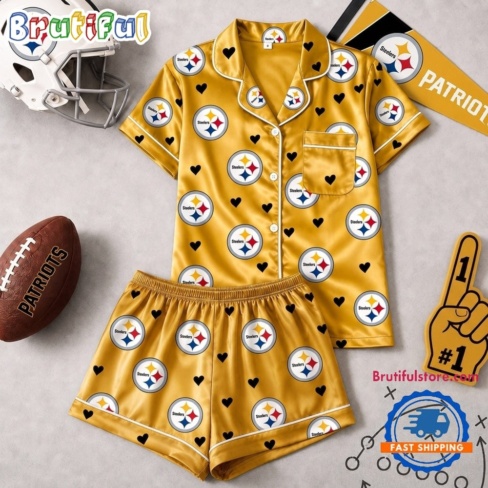Pittsburgh Steelers NFL Logo Team Love Satin Short Sleeve Pajamas Set