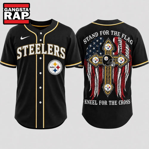 Pittsburgh Steelers NFL Stand For The Flag Kneel For The Cross Baseball Jersey Shirt