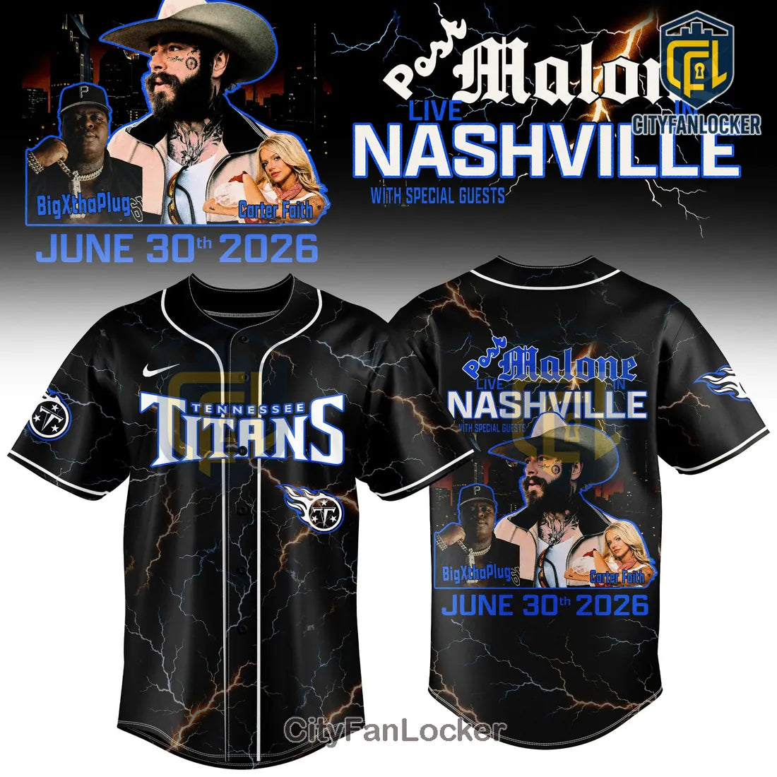 Post Malone Nashville Live 2026 Tennessee Titans Lightning Baseball Jersey