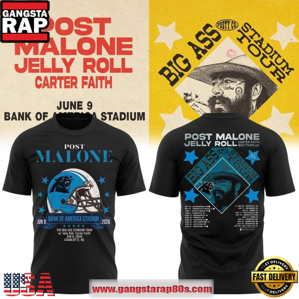 Post Malone x Carolina Panthers Big Ass Stadium Tour 2026 Black T Shirt