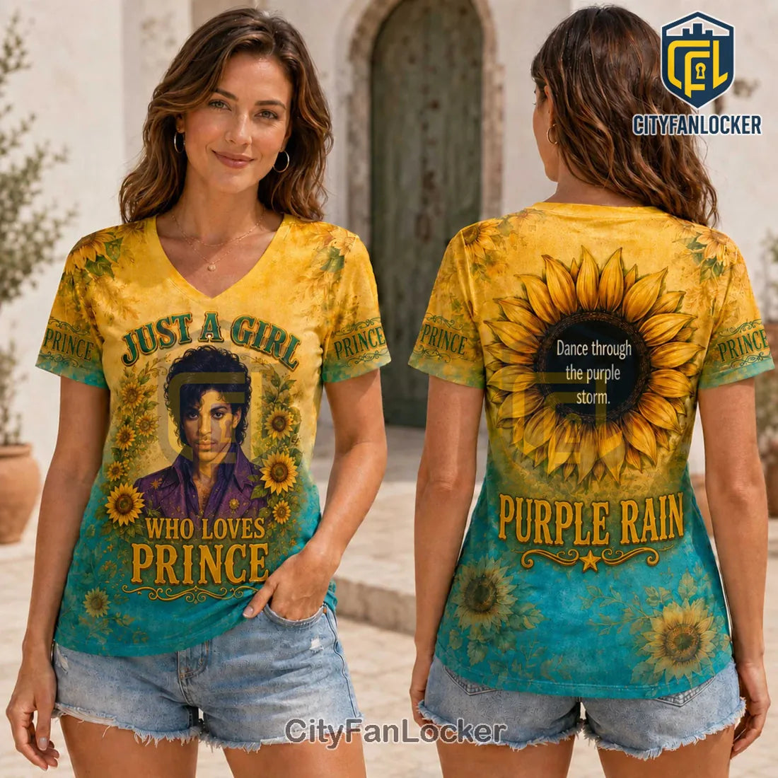 Prince Purple Rain Sunflower V-Neck Shirt