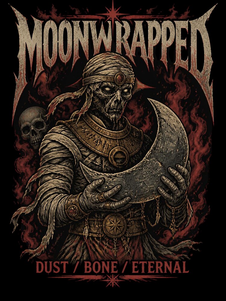 Moonwrapped Undead Mummy Holding Crescent Moon Heavy Metal Design Shirt