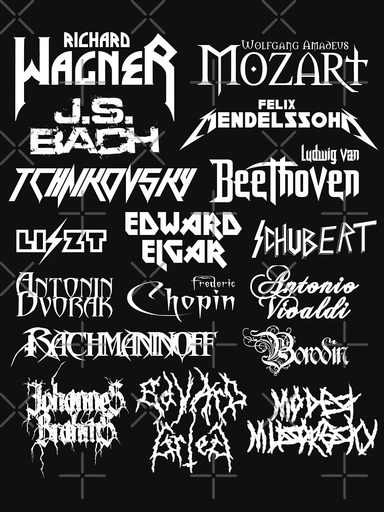 Heavy Metal-style Classical Composers White Text Shirt