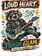 Loud Heart Trash Glam Punk Rock Raccoon Guitar Retro Music Design Shirt