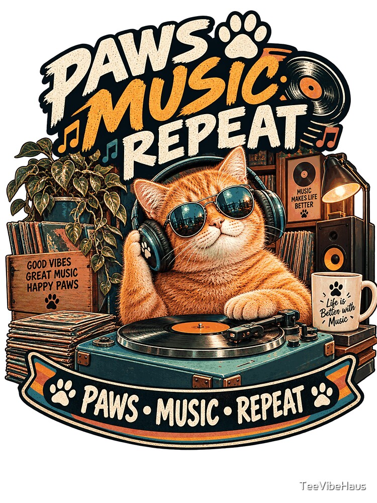 Paws Music Repeat Music Lover Cat Retro Vinyl Cat Design Shirt
