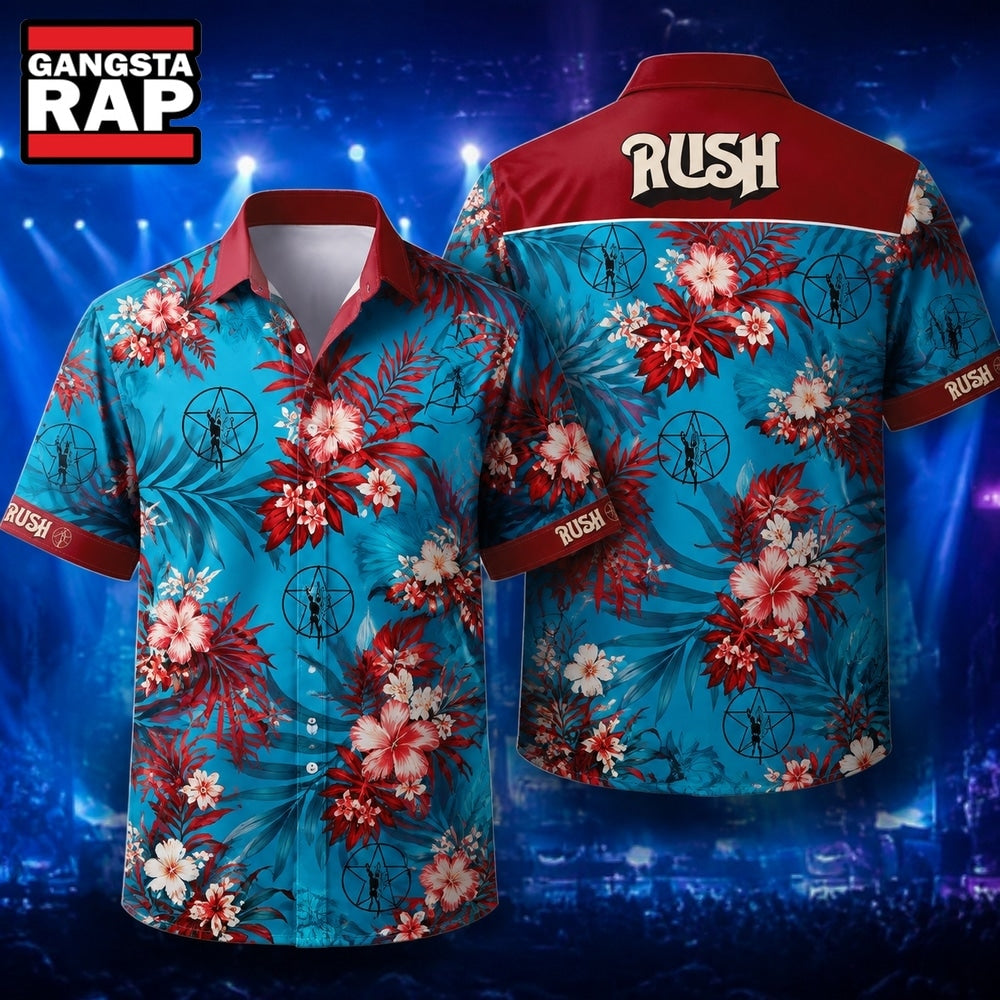 Red Flowers on Blue Rush Rock Music Band Hawaiian Shirt , Music Hawaiian Shirt