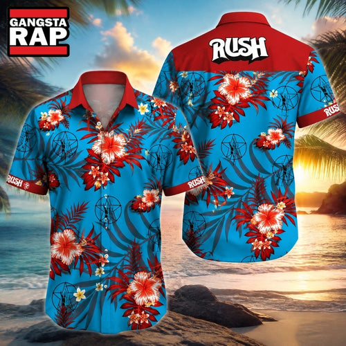 Red Flowers on Blue Rush Rock Music Band Summer Aloha Hawaiian Shirt, Music Hawaiian Shirt