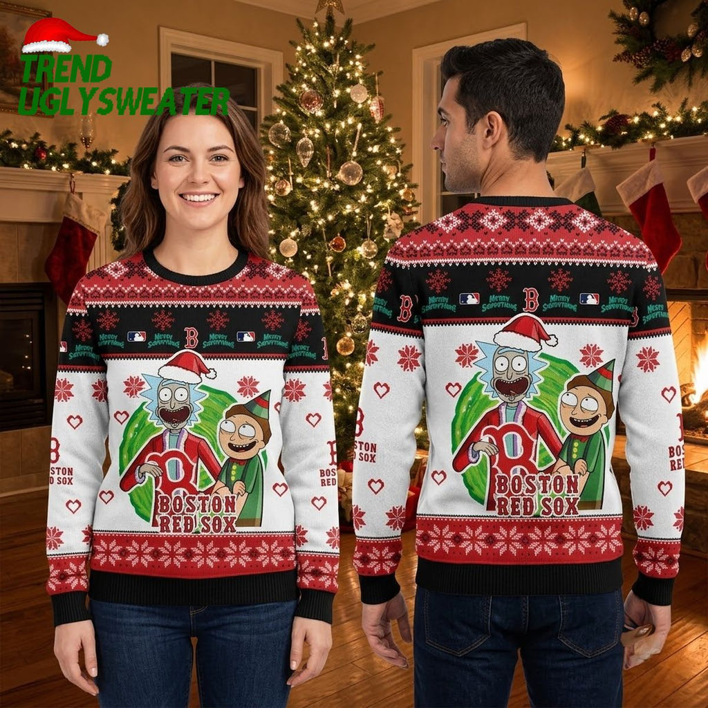 Rick And Morty Boston Red Sox Santa Hat White Ugly Christmas Sweater