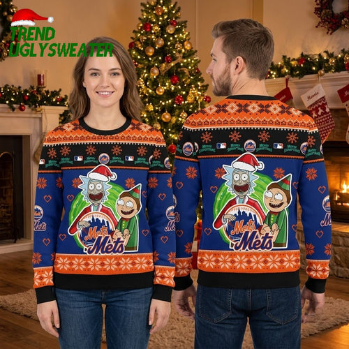 Rick And Morty New York Mets Santa Navy Blue Ugly Christmas Sweater