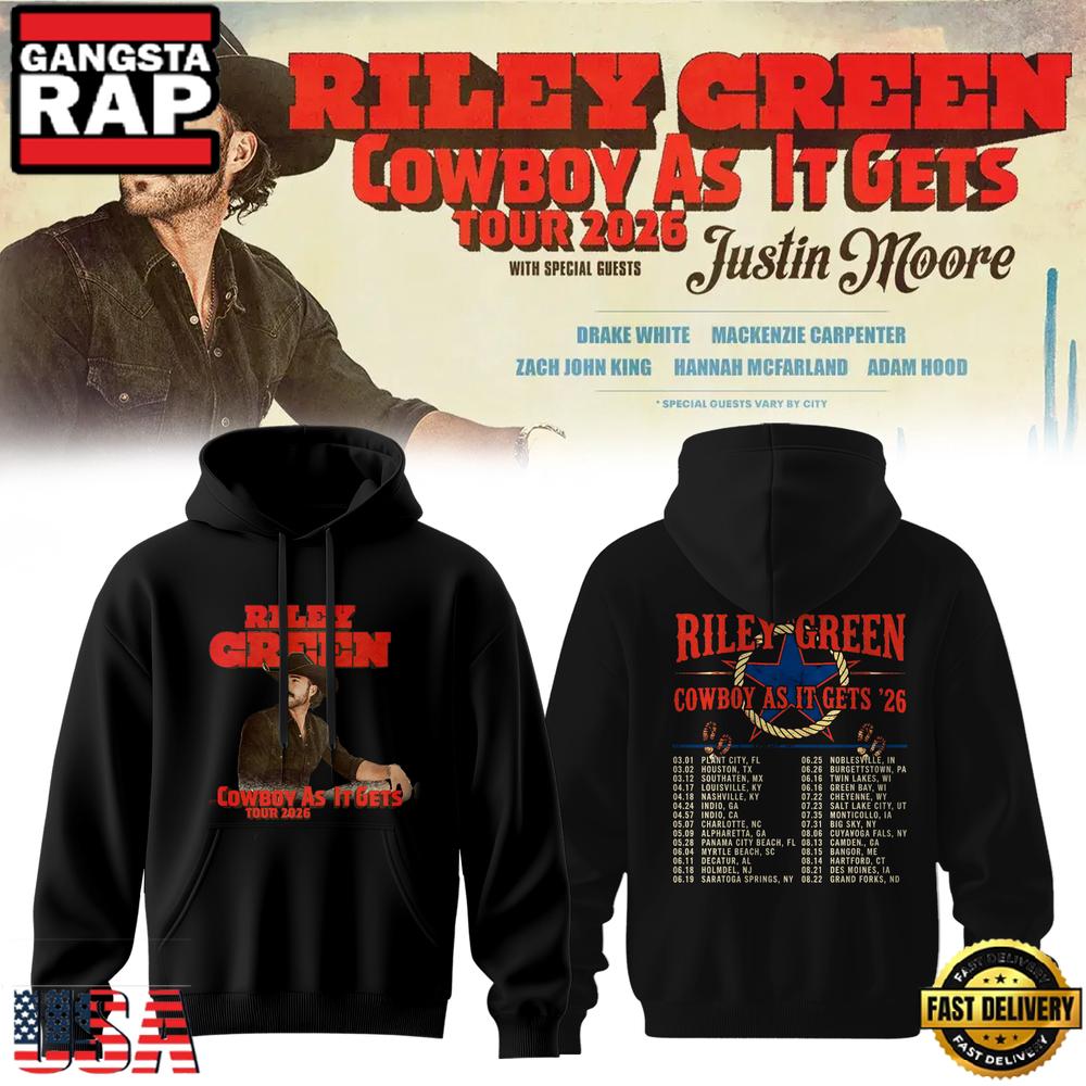 Riley Green’s Cowboy As It Gets Tour 2026 Black Hoodie Shirt