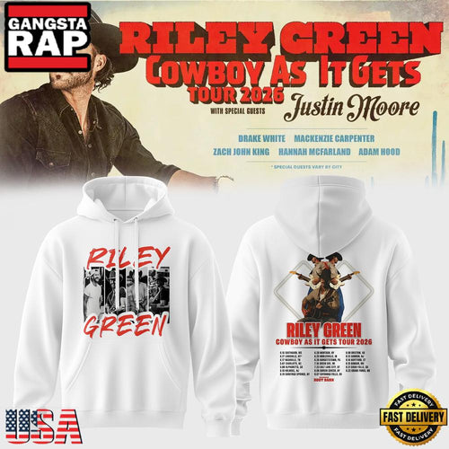 Riley Green’s Cowboy As It Gets Tour 2026 White Hoodie Shirt