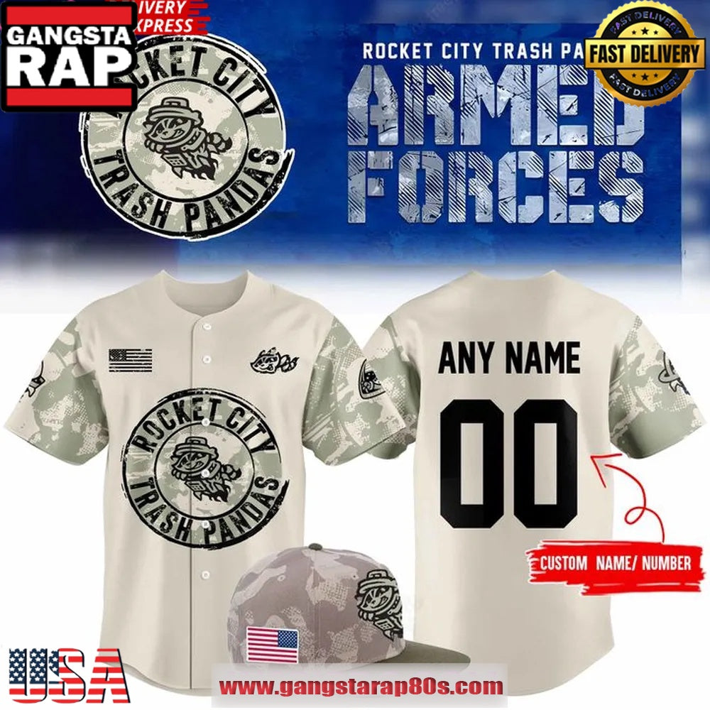 Rocket City Trash Pandas 2025 Armed Forces Custom Name Number Baseball Jersey