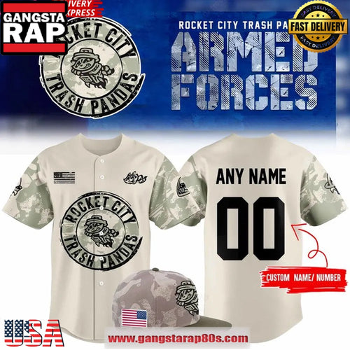 Rocket City Trash Pandas 2025 Armed Forces Custom Name Number Baseball Jersey