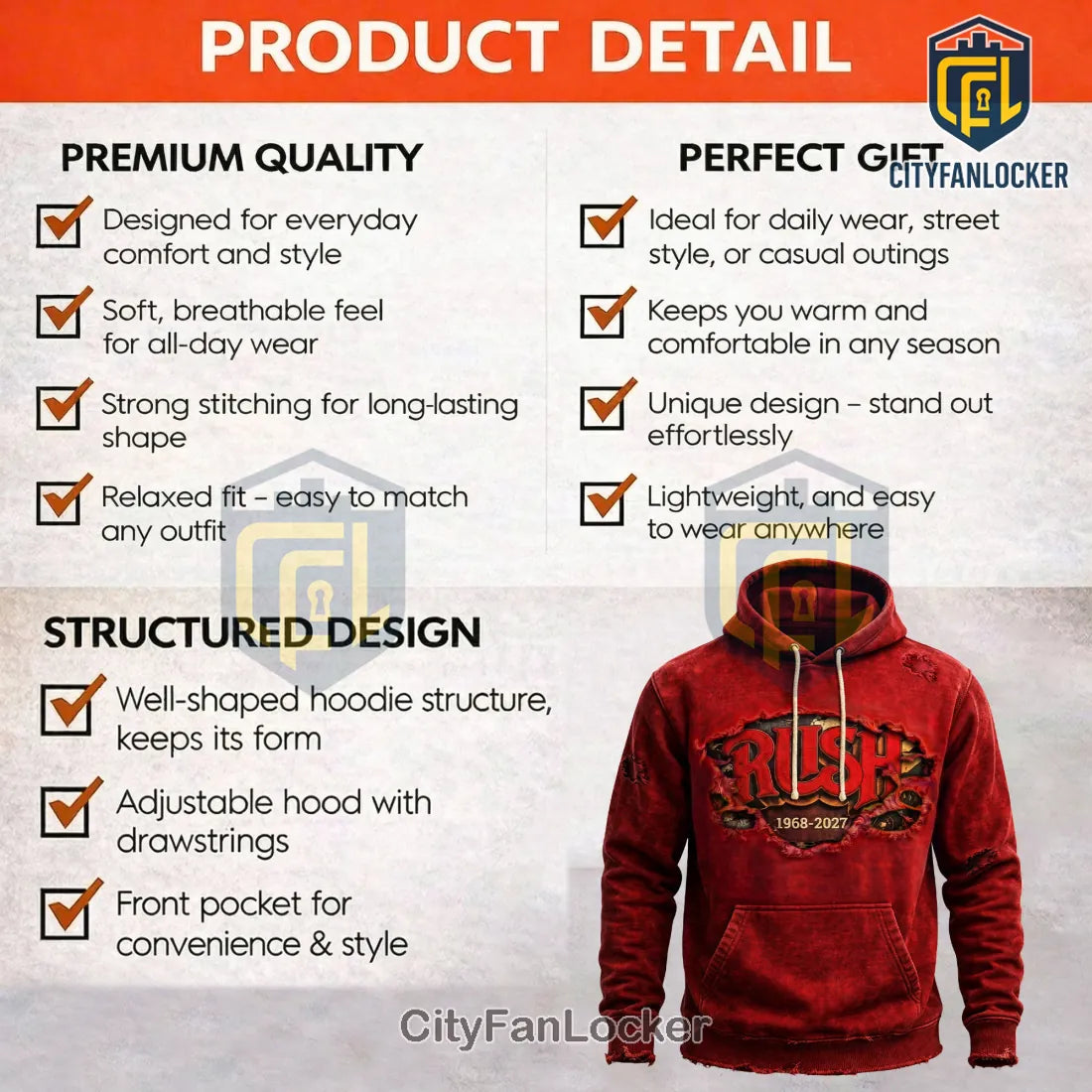 Rush Band Vintage Red Distressed 1968-2027 Hoodie