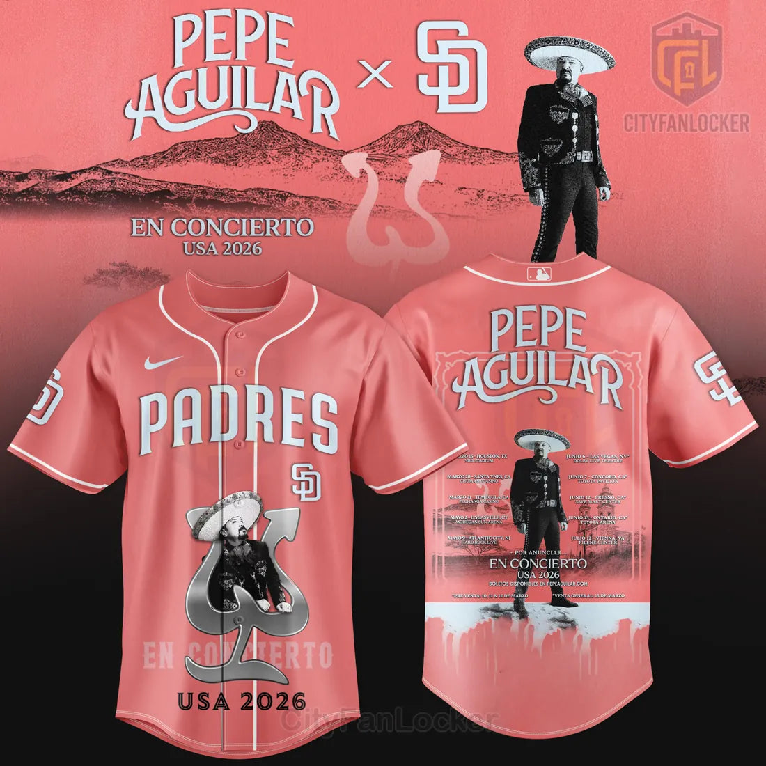San Diego Padres Pepe Aguilar 2026 USA Tour Pink Baseball Jersey
