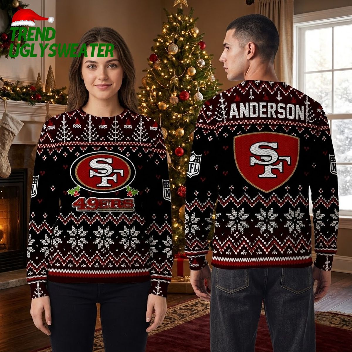 San Francisco 49ers Custom Name Snowflake Pattern Ugly Christmas Sweater